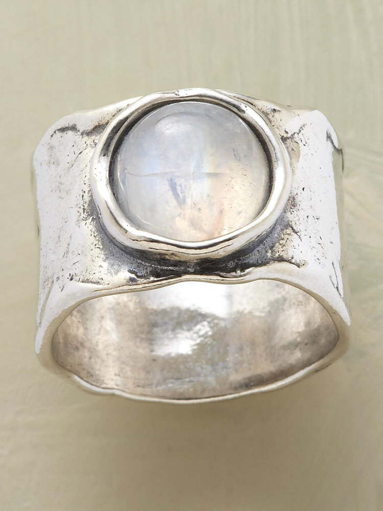 Vintage Distressed Geometric Moonstone Wide Alloy Ring
