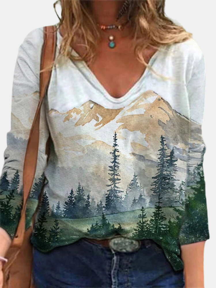 Landscape Print Casual Long Sleeve Blouse For Women