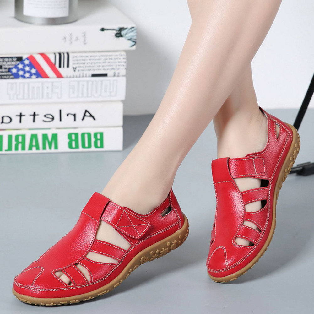 Leather Hollow Out Breathable Soft Hook Loop Causal Flat Shoes