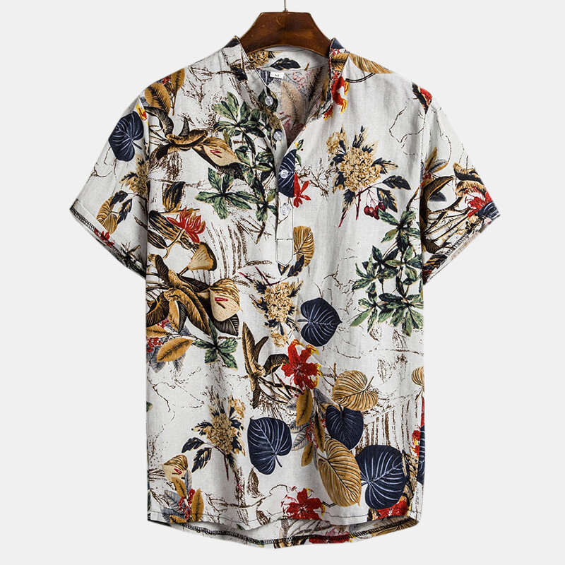 Mens Tropical Plants Printing Henley Shirt