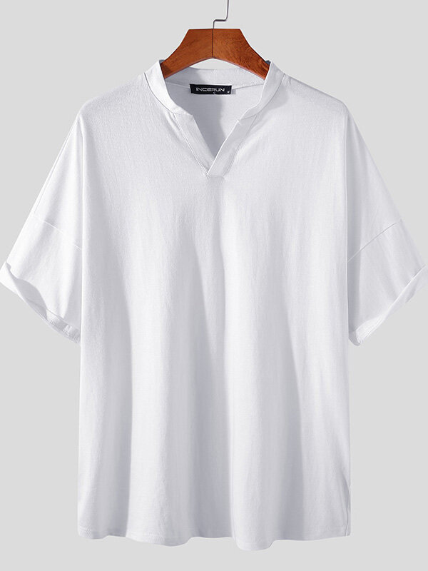 Plus Size Mens Pure Color V-Neck Plain Casual Short Sleeve Henley Shirts