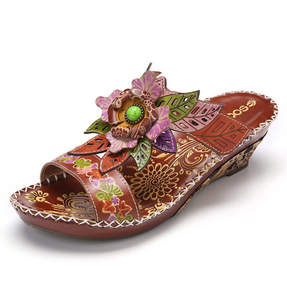 Bohemia Leather Floral Beaded Embossing Adjustable Strap Stitching Low Heel Wedge Sandals
