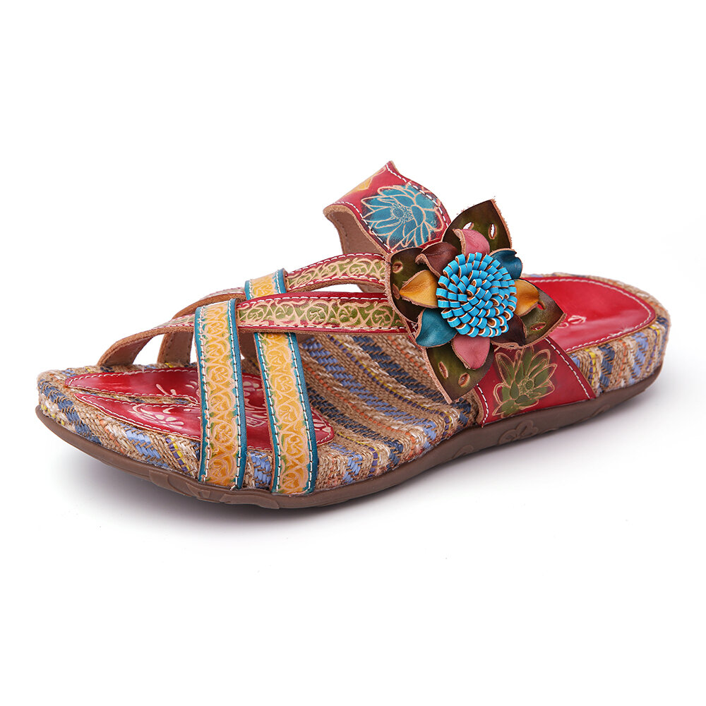 Retro Knitting Ethnic Style Stitching Embossed Floral Flat Wedge Outsole Sandals