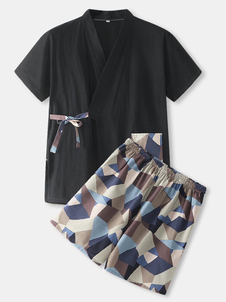 Mens V-Neck Lace-Up Pocket Top Geometric Print Shorts Loungewear Japanese Style Sauna Suit