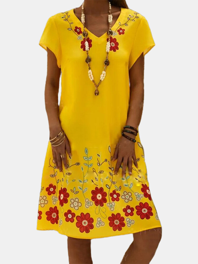 Flower Print Short Sleeve V-neck Casual Dress