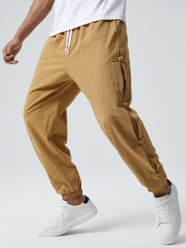 

Mens Side Frog Button Design Solid Color Drawstring Pants, Khaki