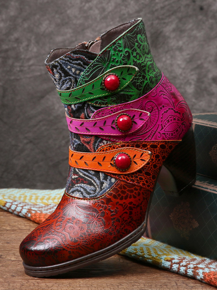 Sокофи Casual Color Block Printed Кожаная молния сбоку на удобном массивном каблуке Ботинки