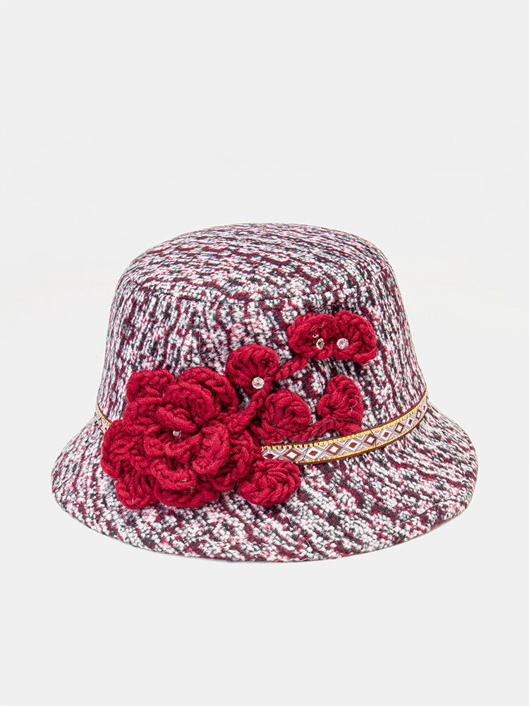 Women Woolen Fashion Elegant Floral Pattern Keep Warm Thermal Hat Bucket Hat