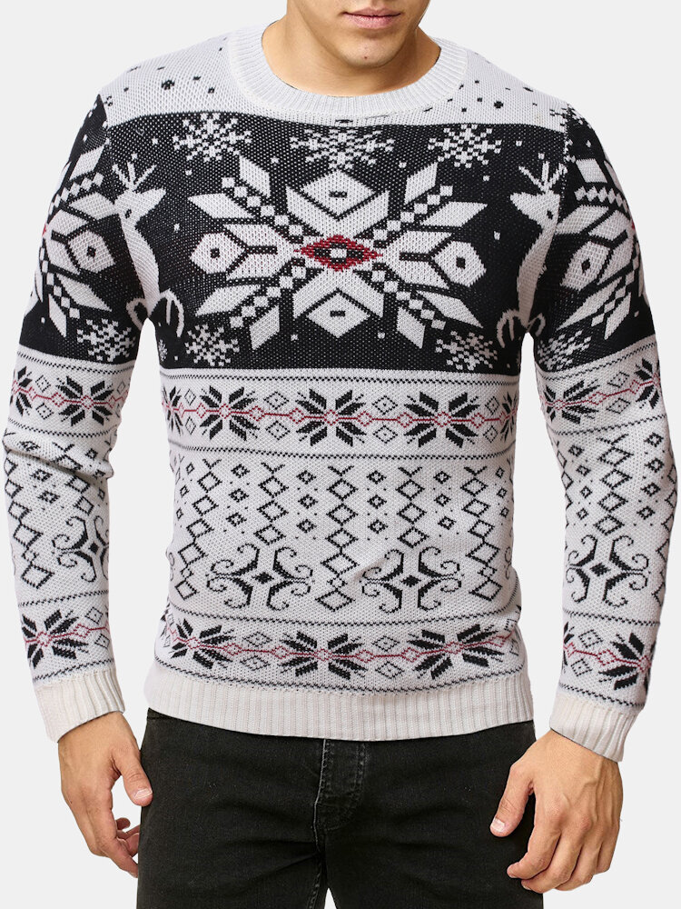 Mens Christmas Snowflake Crew Neck Casual Knitted Cotton Pullover Sweater