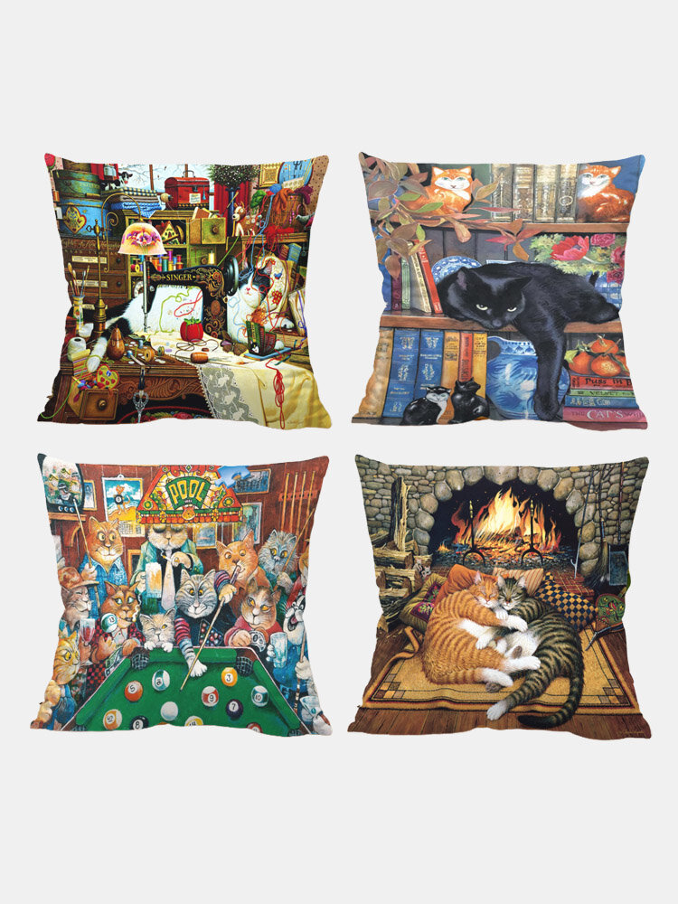 4 Pcs Retro Style Cats Linen Cotton Cushion Cover Home Sofa Art Decor Throw Pillow Cover Pillowcase