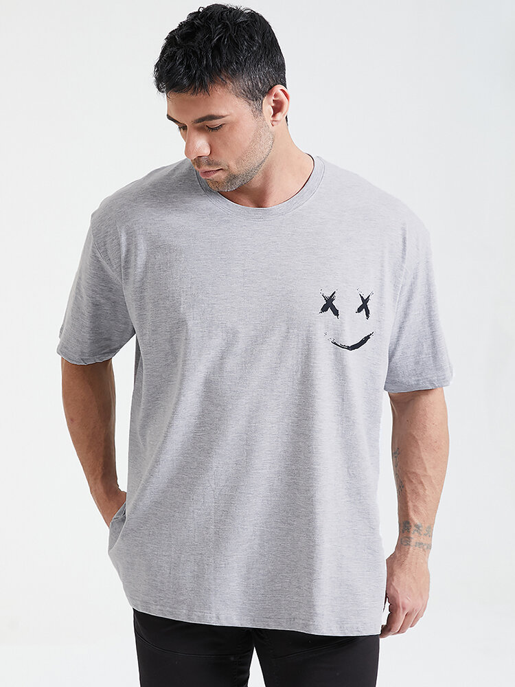 

Plus Size Mens Plain Smile Pattern O-Neck Cotton Casual T-Shirt, Khaki;black;white;gray;blue