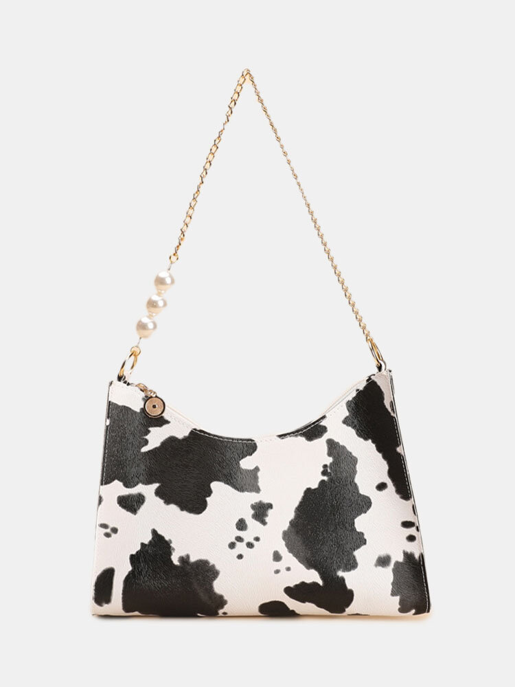 Stylish Chain Pearls Decor Exquisite Hardware Cow Pattern Stitch Craft Waterproof Underarm Bag