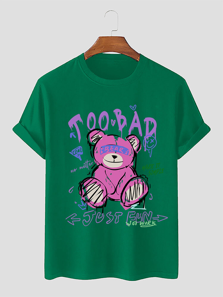 Camisetas masculinas de manga curta com estampa de urso de desenho animado e gola redonda