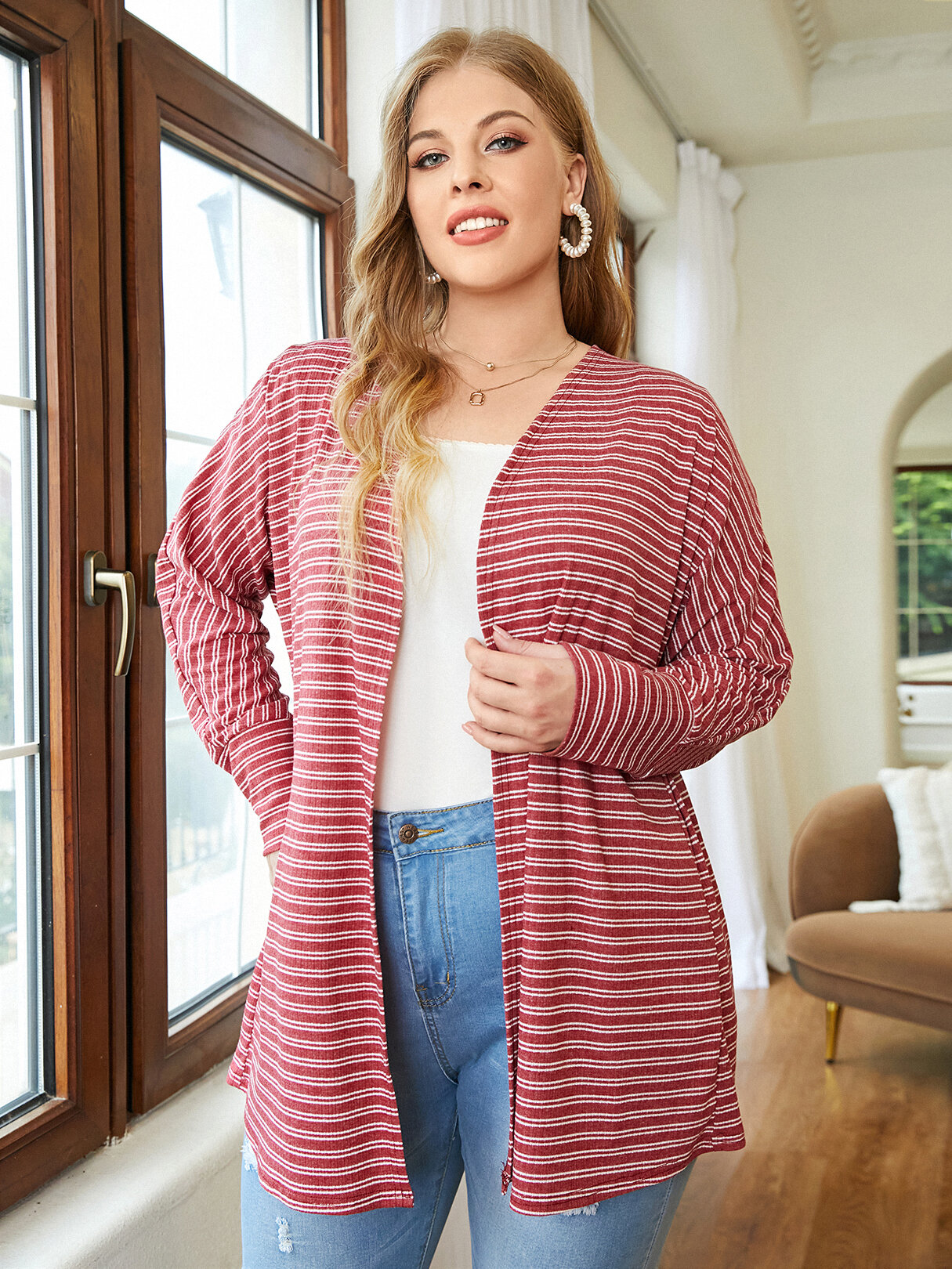 

Plus Size Striped Open Front Knitted Long Sleeve Cardigan, Wine red