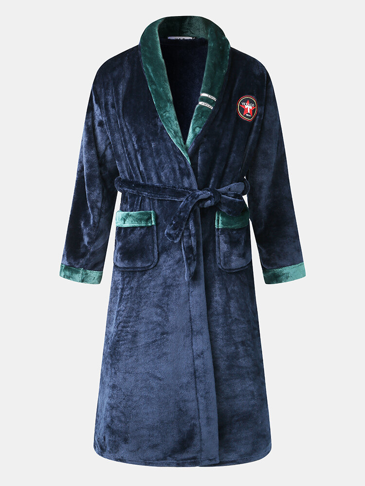 

Mens Contrast Flannel Patched Lapel Double Pocket Soft Thicken Robes With Belt, Navy