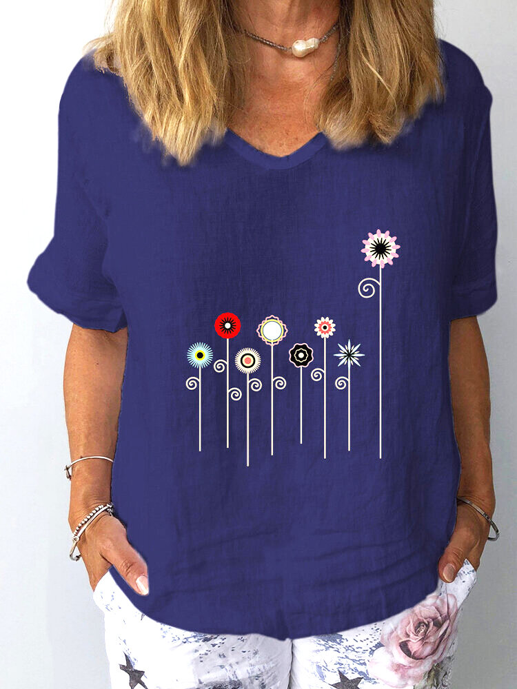Flower Printed Half Sleeve V-neck T-Shirt For Women