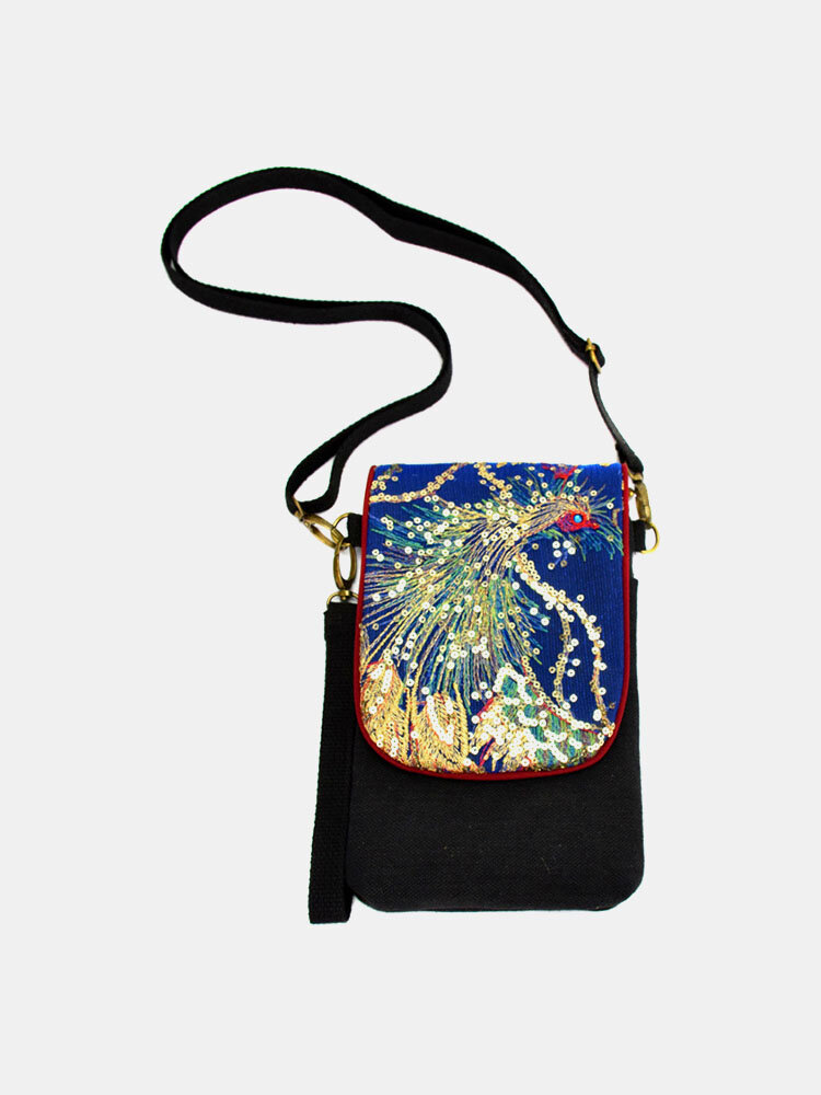 Women Ethnic Sequined Embroidered Peacock 6.5 Inch Phone Bag Crossbody Bag
