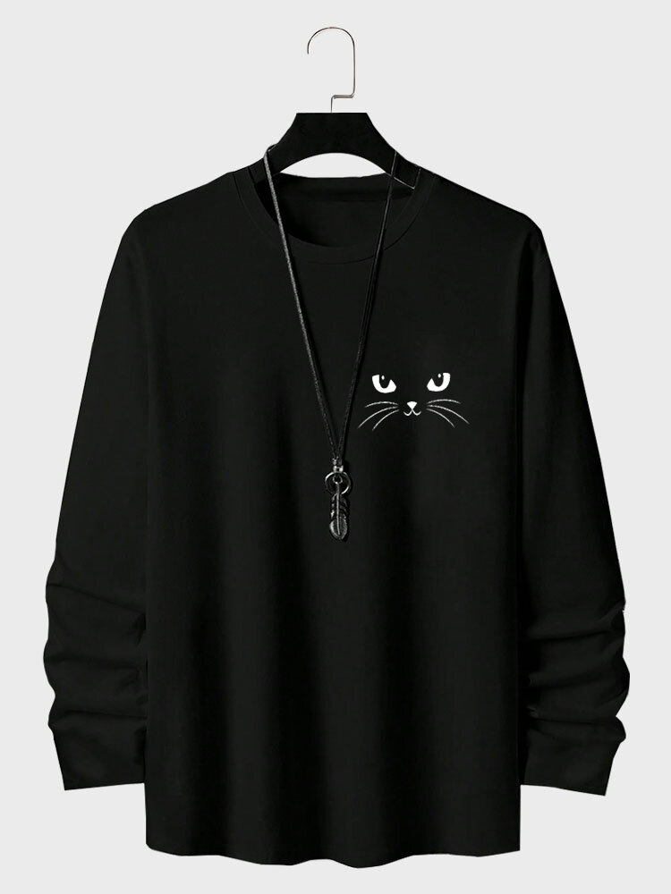 Mens Cat Face Print Crew Neck Cotton Casual Long Sleeve T Shirts