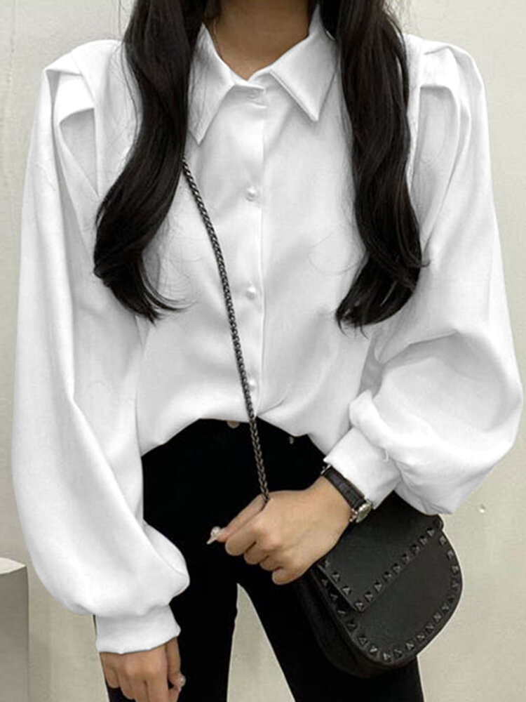 Solid Pleated Shoulder Long Sleeve Pearl Button Lapel Shirt