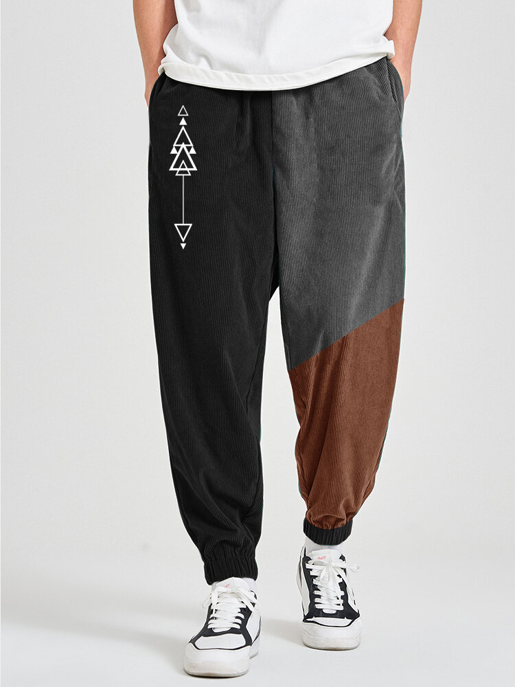 Pantalon en velours côtelé patchwork de blocs de couleur brodés géométriques pour hommes