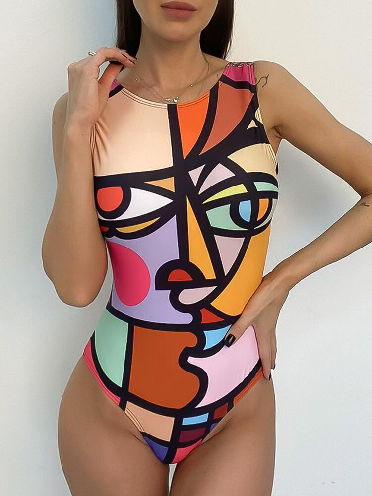 Women Graffiti Abstract Print Wide Straps High Neck Backless Slimming One Piece