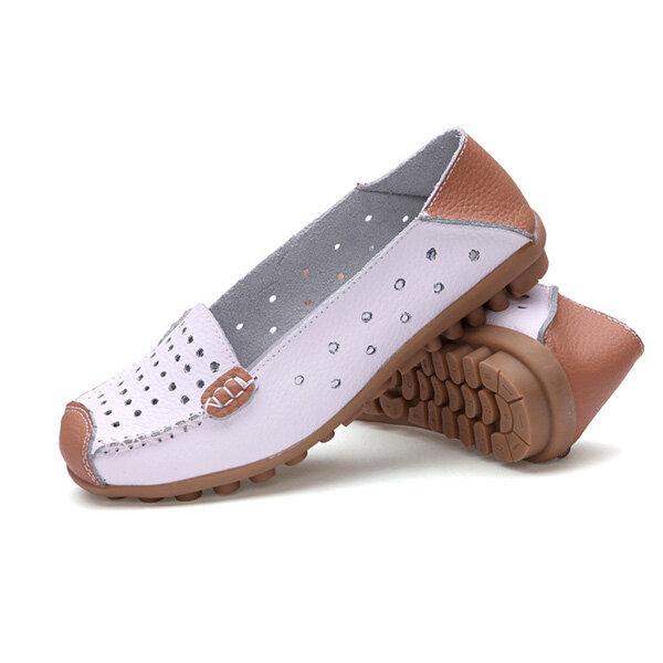Leather Color Match Hollow Out Soft Breathable Slip On Flat Shoes