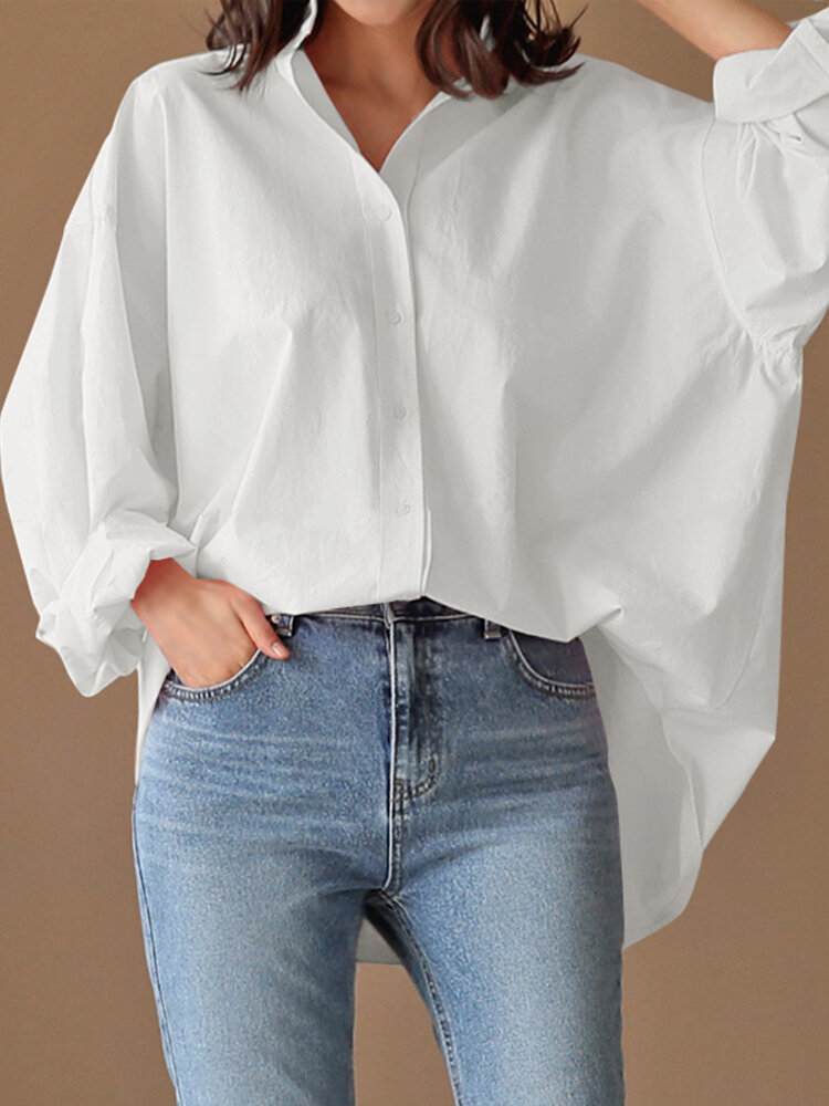 Lapela de manga comprida solta sólida Camisa para mulheres
