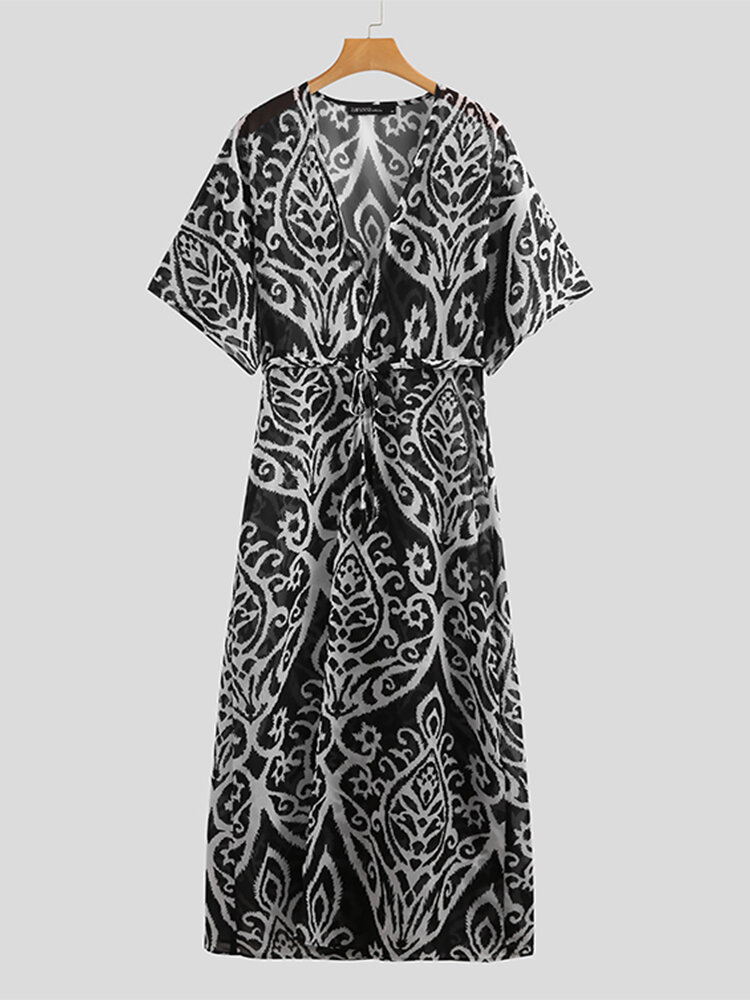 Flowers Print Short Sleeve V-neck Vintage Plus Size Kimono