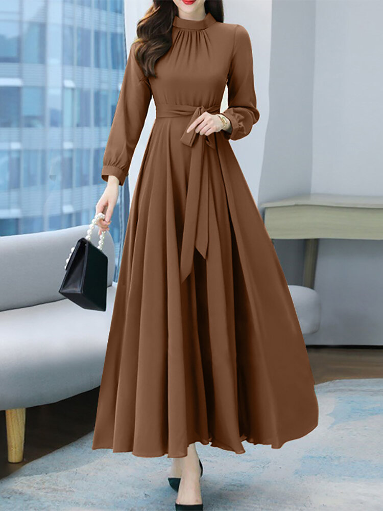 Women Solid Stand Collar Long Sleeve Casual Maxi Dress With Belt