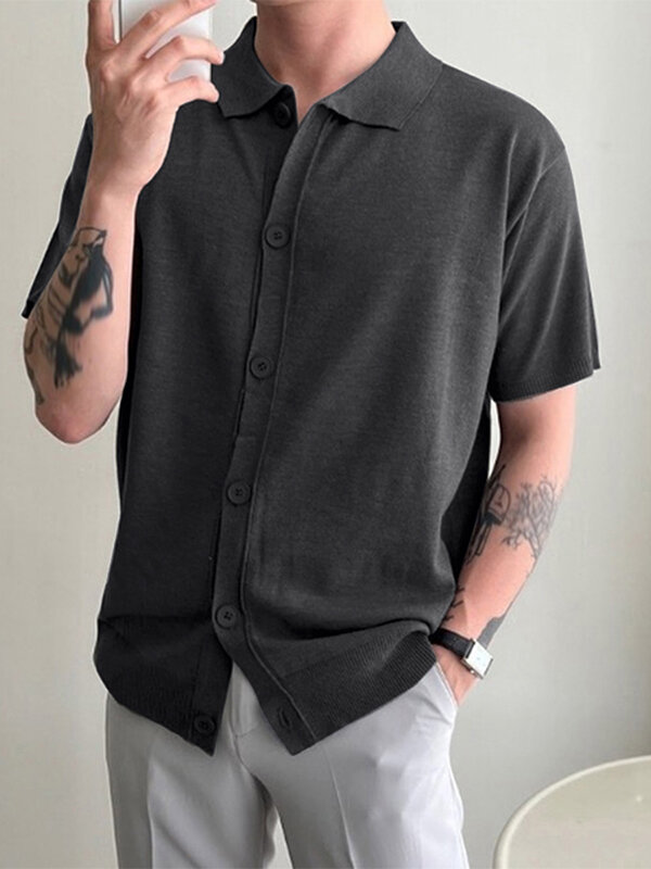 Mens Solid Knit Button Up Short Sleeve Shirt