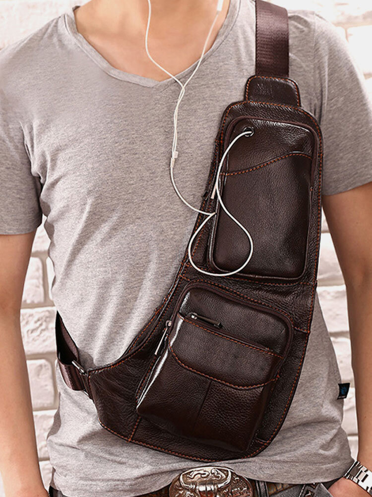 Men Solid Genuine Leather Headphone Plug Crossbody Bag Chest Bag Sling Bag