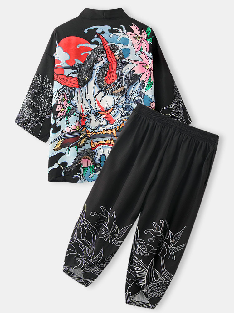 Mens Chinese Element Printed Kimono Street Cropped Two Pieces Outfits With Pocket