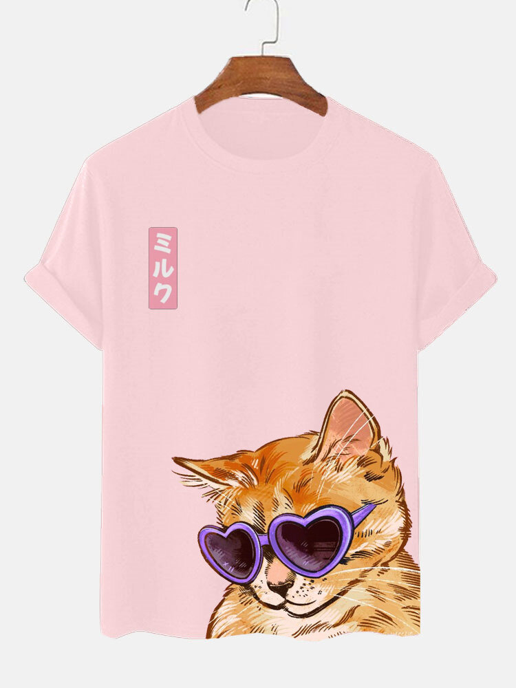 

Mens Cartoon Cat Print Crew Neck Valentine' Day Short Sleeve T-Shirts Winter, Pink