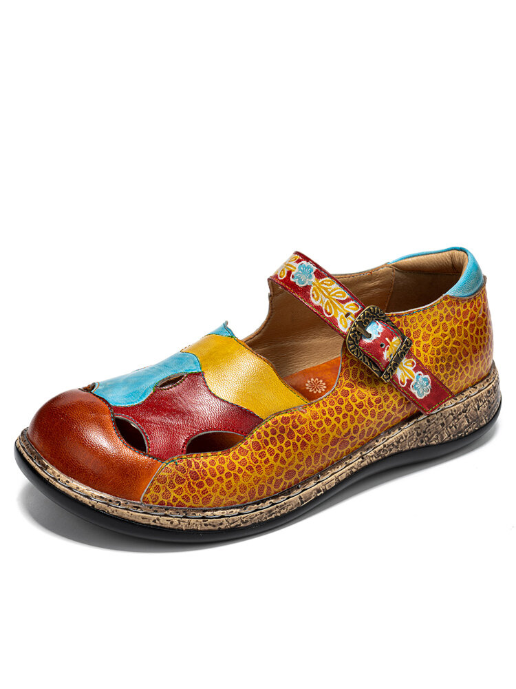 Socofy Genuine Leather Hand Made Retro Ethnic Colorblock Hollow Soft Comfy Mary Jane Flat Shoes
