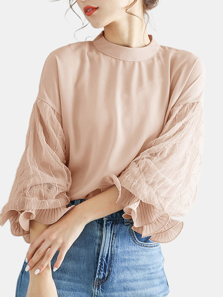 Mesh Patchwork Solid Color Long Sleeve Blouse For Women