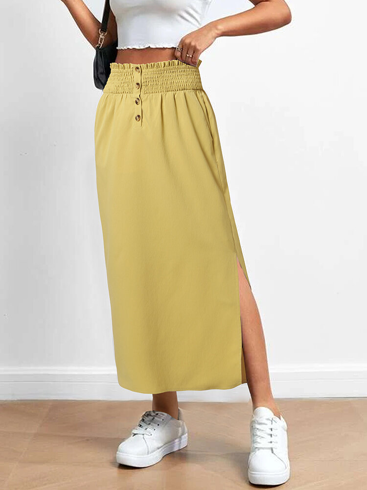 

Women Shirred Waist Double Slit Hem Solid Button Skirt, Yellow