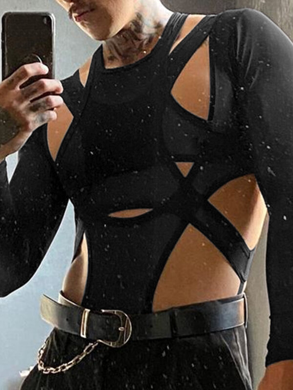Mens Cutout Patchwork Long Sleeve Triangle Bodysuit