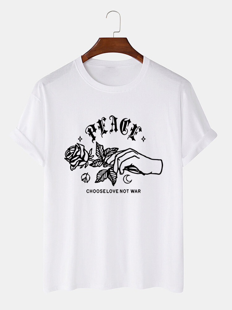 Mens Slogan Rose Hand Printed Cotton Short Sleeve T-Shirts