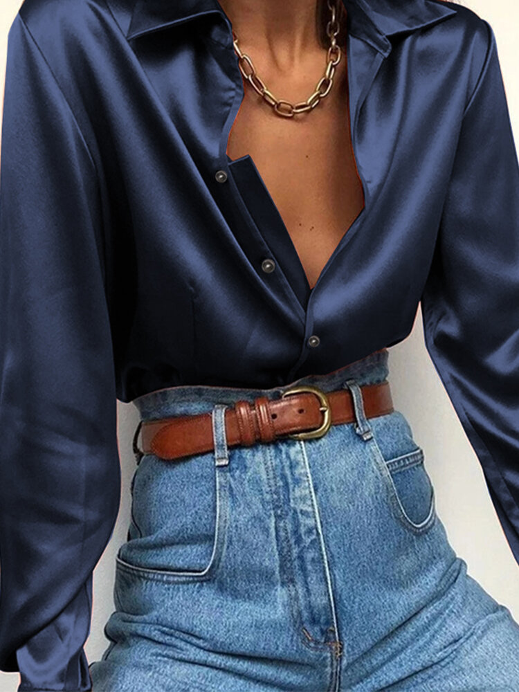 Elegant Solid Color Long Sleeve Basic Satin Plus Size Shirt For Women
