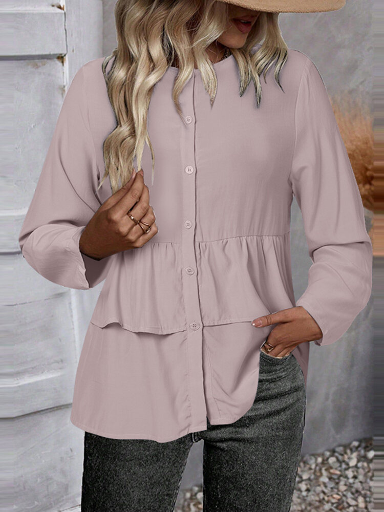Women Ruffle Trim Button Front Plain Long Sleeve Shirt