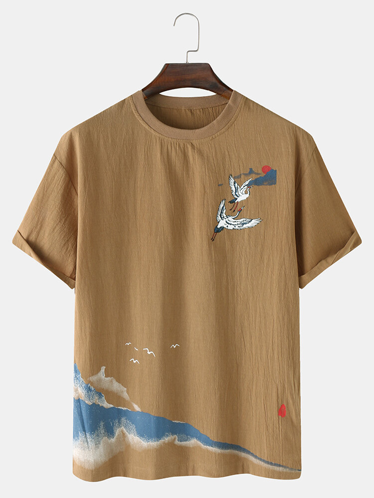 Mens Crane Landscape Print Chinese Style Short Sleeve Cotton Linen T-Shirts