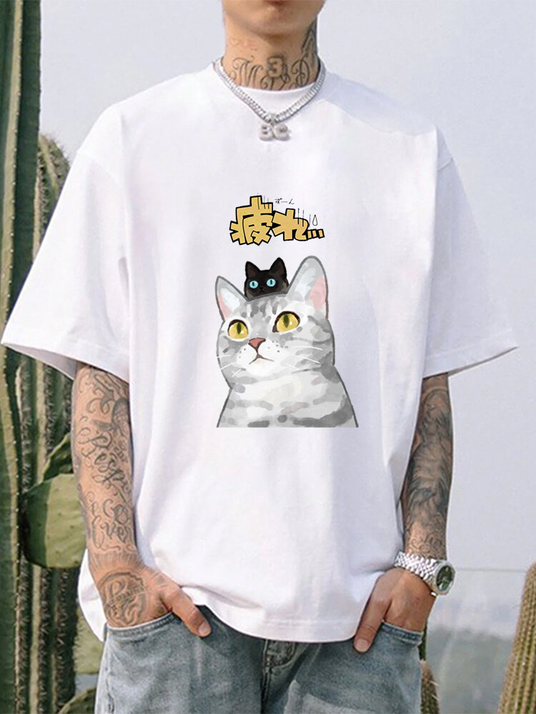 Camisetas de manga corta con estampado de dibujos animados lindos para hombre Gato Crew Cuello Invierno