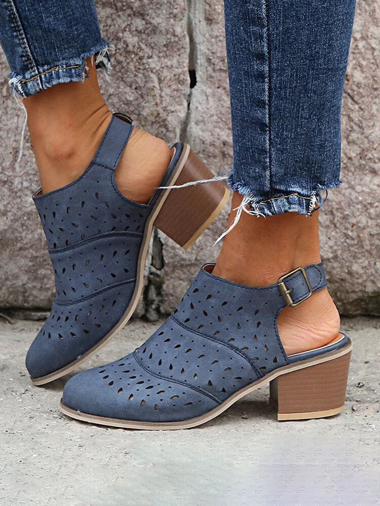 Plus Size Women Hollow Design Buckle Casual Chunky Heel Boots
