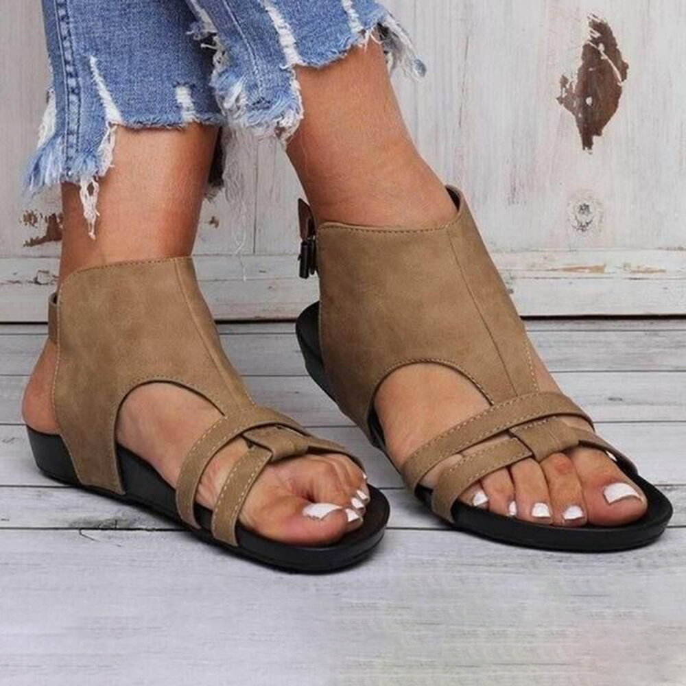Plus Size Women Casual Roman Solid Color Hollow Buckle Flat Sandals