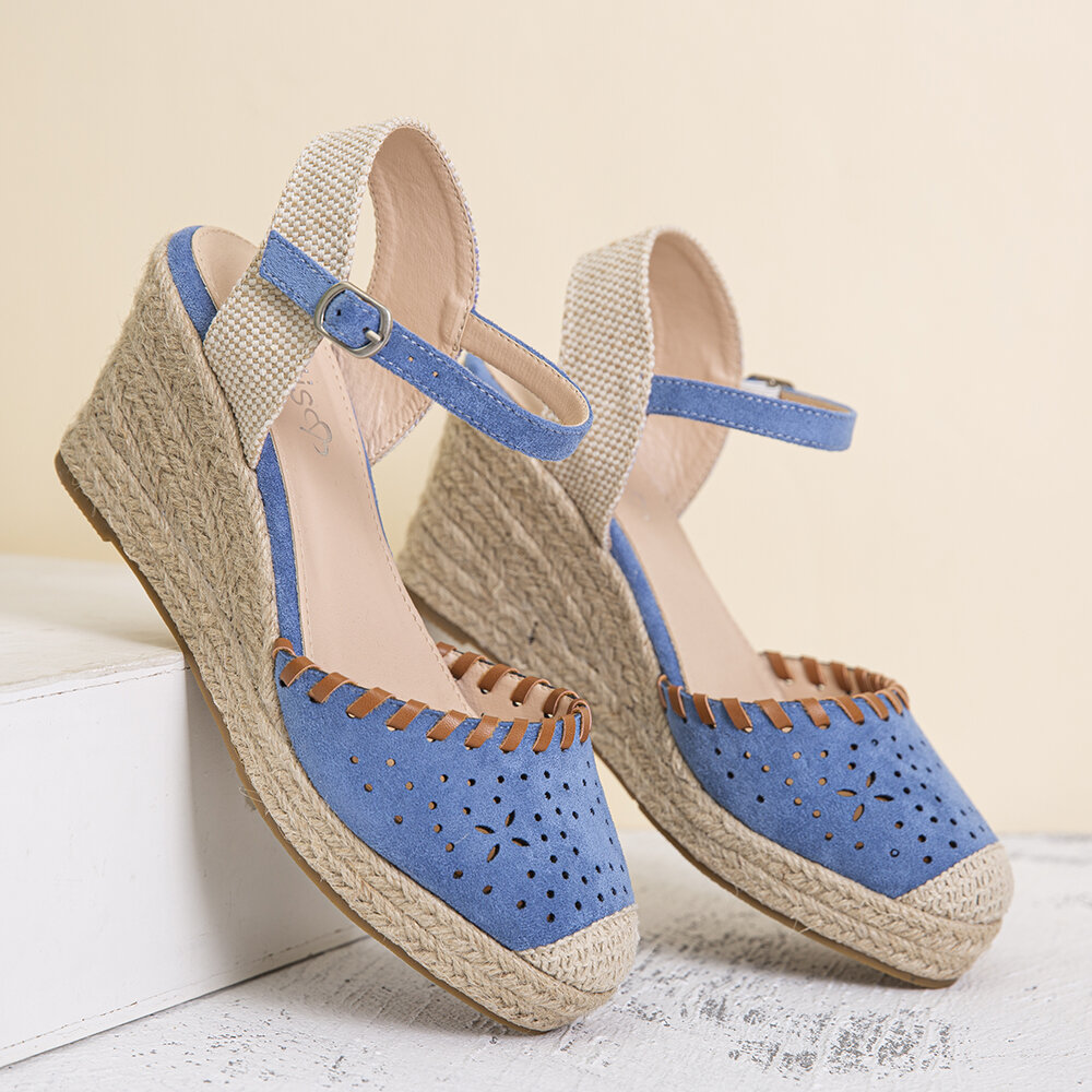 LOSTISY Women Hollow Comfy Closed Toe Buckle Strap Espadrille Wedges Sandals