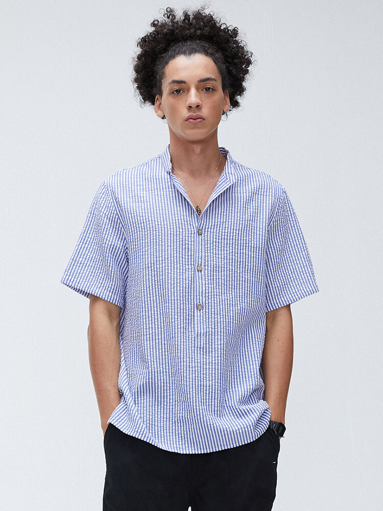 Men Cotton Striped Print Casual Loose Collar Short Sleeve Henley Shirts