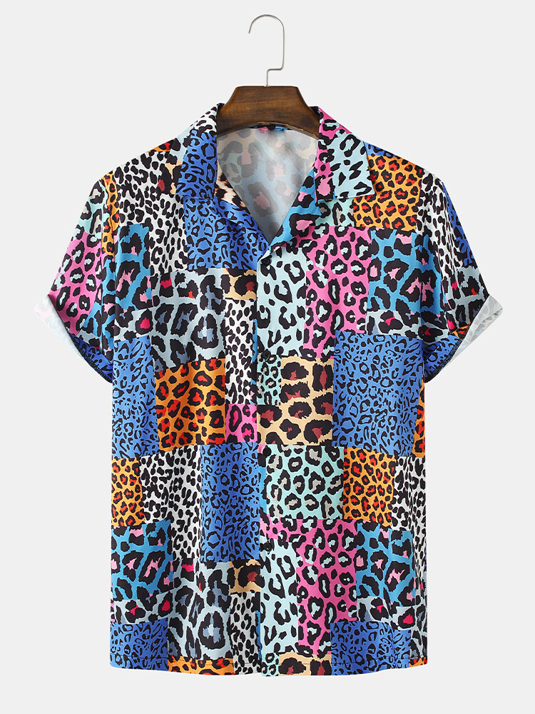 

Mens Mixed Leopard Print Revere Collar Short Sleeve Shirt, Blue