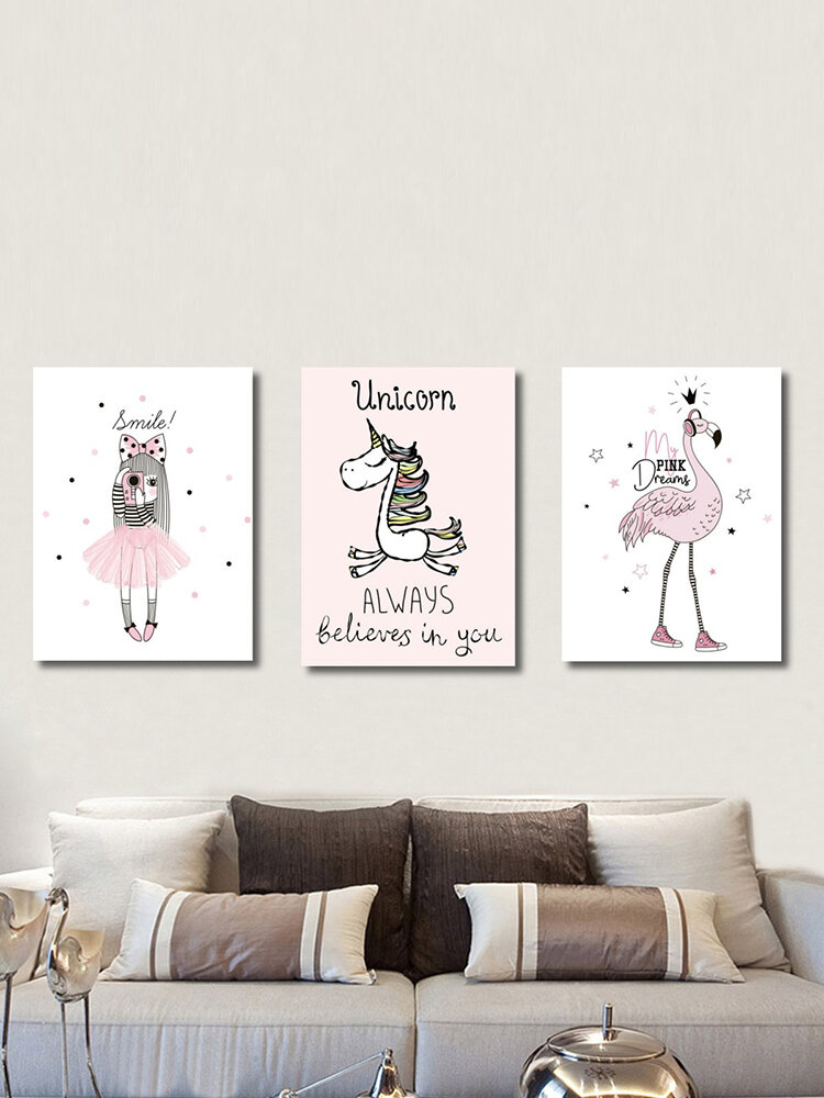 Cartoon Girl Flamingo Unicorn Canvas Poster Art Prints Children Room Decoration
