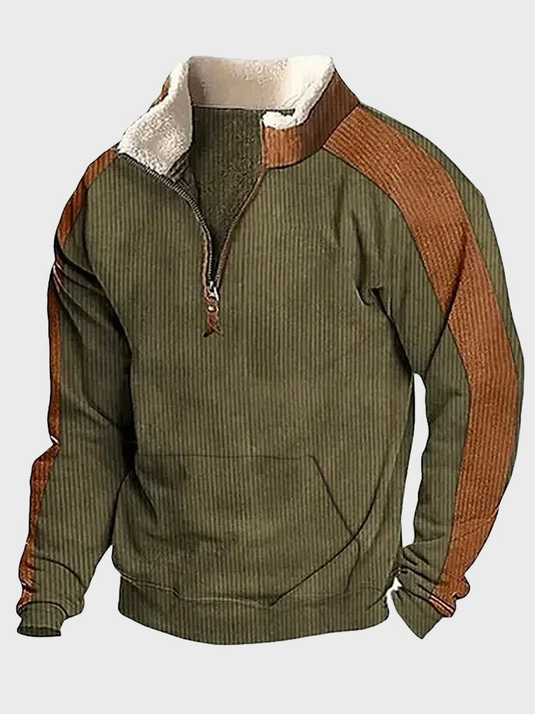 Sweat-shirt en velours côtelé à rayures latérales pour hommes, demi-fermeture éclair, hiver