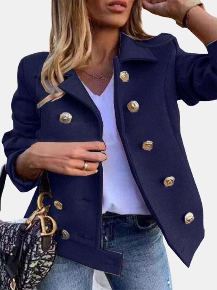 Solid Color Long Sleeve Lapel Collar Button Coat For Women